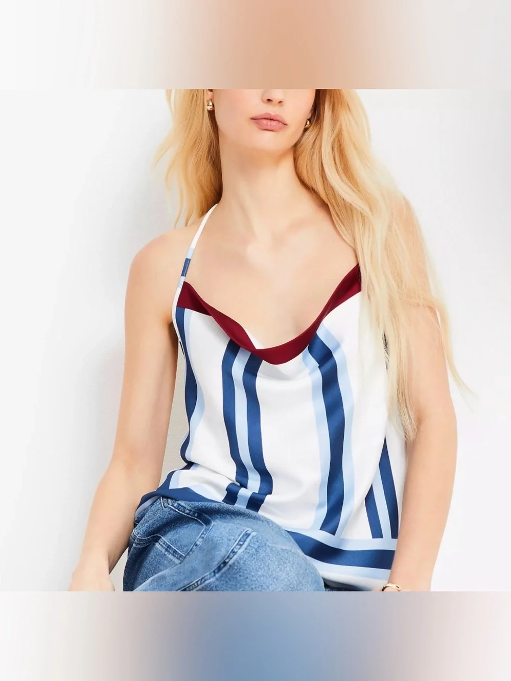 LOFT Striped Satin Cowl Camisole - White, Navy & Wine